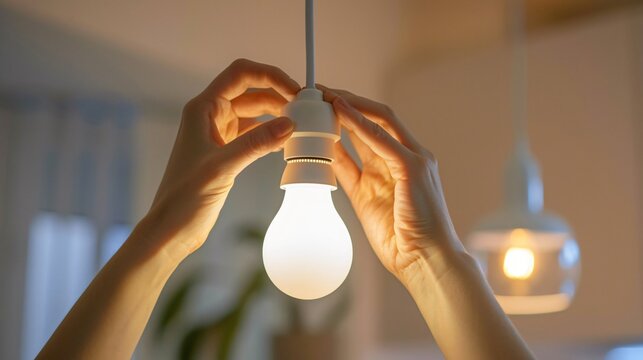 Hands replacing a light bulb in a minimalist room, with focus on the bulb and the clean light fixture
