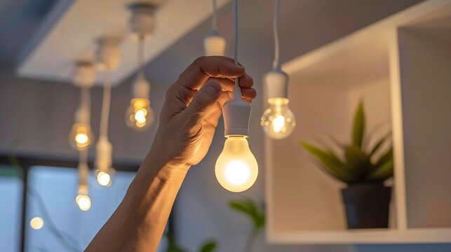 Hands replacing a light bulb in a minimalist room, with focus on the bulb and the clean light fixture