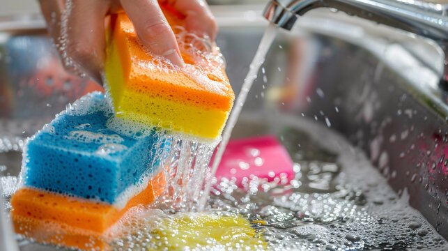 Hands washing dishes in a clean sink with bright, colorful dish soap and sponges, set against a simple white background