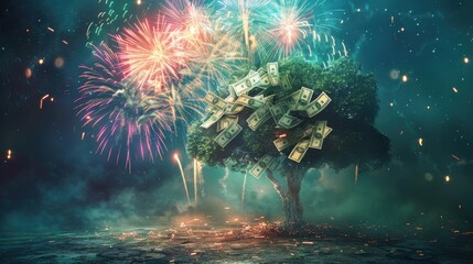Fototapeta premium Moneygrowing tree with banknotes for leaves under a bright blue sky, capturing themes of prosperity and success