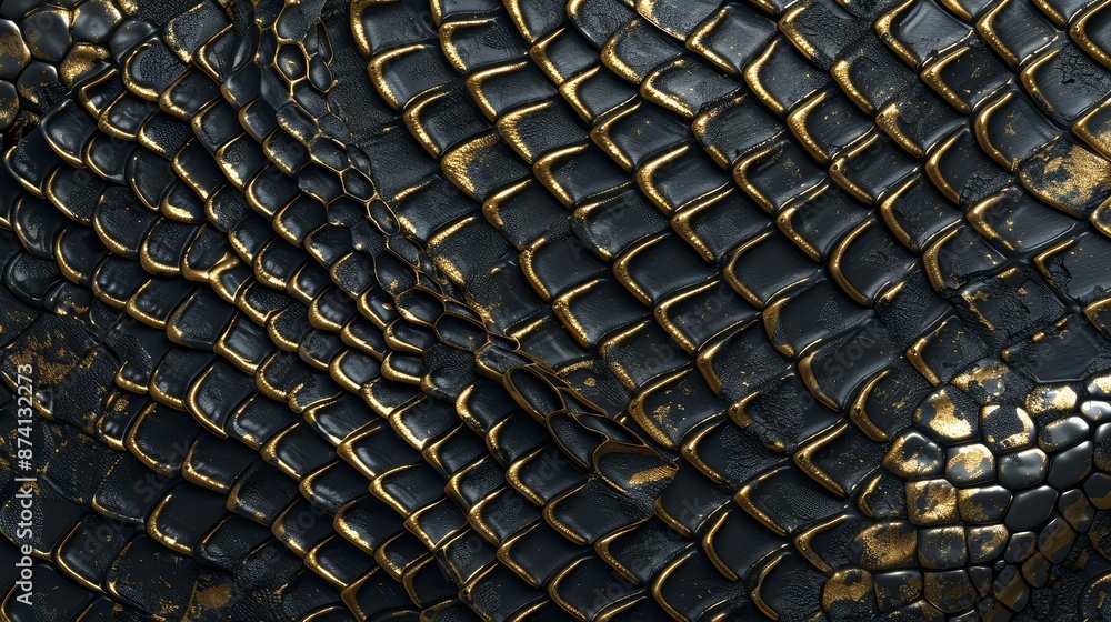 Poster Black and Gold Scale Texture - Close-up of a textured surface with black scales with gold accents, creating a luxurious and stylish abstract background. - Close-up of a textured surface with black sca