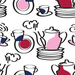 Seamless pattern with tea pot and mugs. Kitchen background.