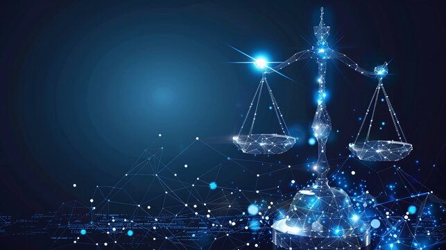 Scales of justice with holographic law symbols, blending traditional and modern jurisprudence