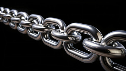 Fototapeta premium Close-up of a strong, silver metal chain link with a focus on its security and connection