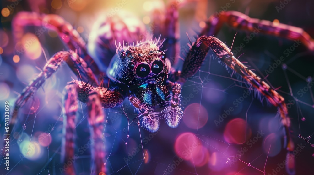 Poster close-up of a spider in its web with colorful lights in the background - a close-up shot of a spider