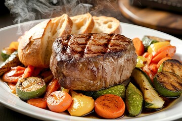 dish of grilled steak, surrounded by golden roasted vegetables