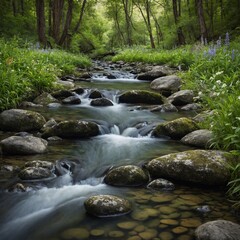 A peaceful woodland stream flowing gently over smooth stones, with lush green foliage and vibrant wildflowers along the banks.


