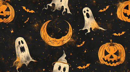 Vintage Halloween Illustrations, spooky background. - Seamless tile. Endless and repeat print.