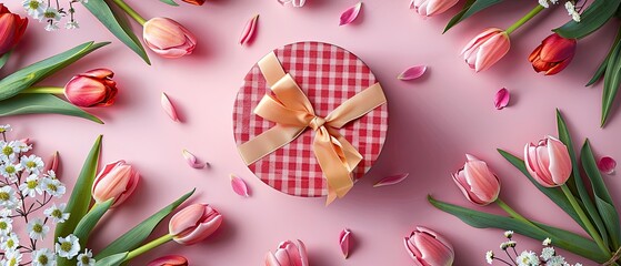 tulips and red gift box  on white background