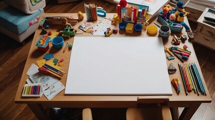 A copy space of the background picture of the desk where the children are playing