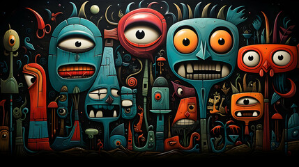 Whimsical Creature Illustration with Colorful Eyes and Abstract Background