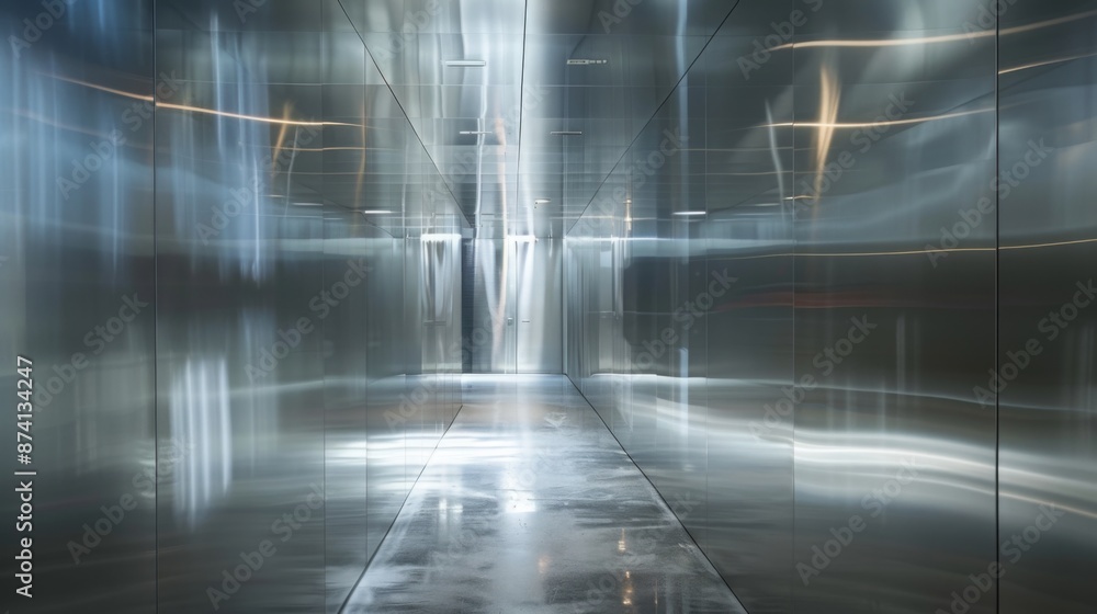 Poster a long, narrow hallway with metallic walls reflects blurry patterns of light, creating a sense of de