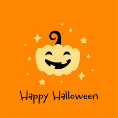 Cute Vector Happy Halloween print with pumpkin and stars on orange background. Halloween illustration for greeting banner, postcard, web