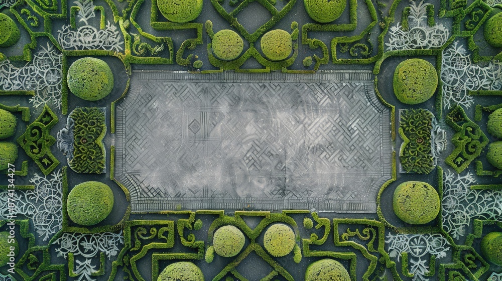 Poster an aerial snapshot of a garden with abstract patterns and designs, featuring a clean, empty space at