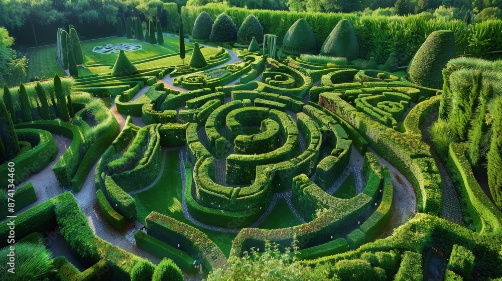 Poster an aerial view capturing a with twisting paths and green walls, and a large open area in the center 