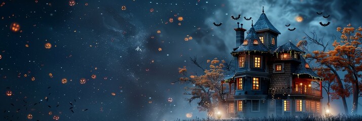 Fototapeta premium Haunted House on a Spooky Halloween Night - A spooky Halloween night scene with a haunted house, bats, pumpkins, and a moonlit sky. - A spooky Halloween night scene with a haunted house, bats, pumpkin