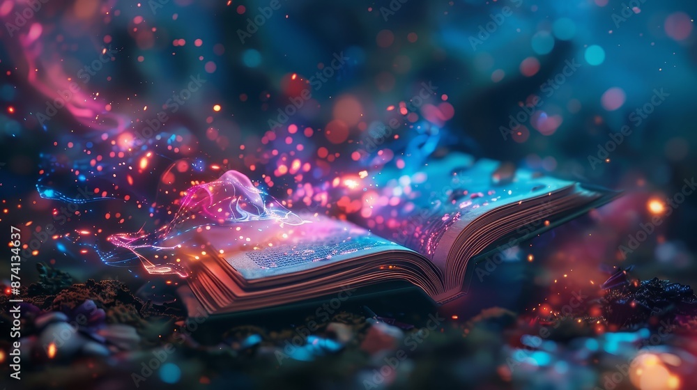 Poster magic book - a book with magical glow and sparkles in a dark background, it seems to have its own li