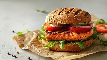 Salmon and avocado burger on a light background healthy take out option