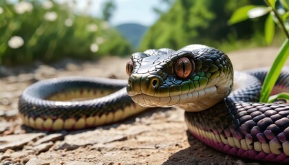 Fototapeta premium Closeup of a Green Snake with Orange Eyes.