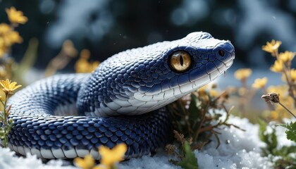 Fototapeta premium Blue Viper Snake in the Snow.