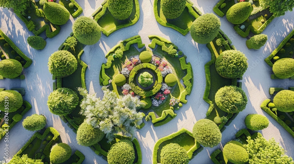 Poster an aerial view of a symmetrically designed garden, with meticulously shaped bushes and flower beds i