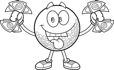 Outlined Happy Golf Ball Cartoon Character With Dollar Eyes And Cash Money. Vector Hand Drawn Illustration Isolated On Transparent Background