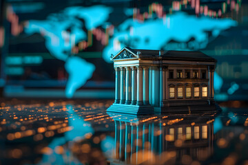 Virtual bank or digital online banking, global online financial transaction and e-commerce, international banking connecting network, bank model and world map background