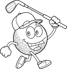 Outlined Happy Golf Ball Cartoon Character Running With Golf Stick. Vector Hand Drawn Illustration Isolated On Transparent Background