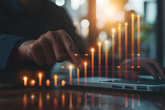 A strategic investment plan for long-term wealth growth, invest for financial freedom and retirement, sustainable financial and business growth, hand and rising bar graph