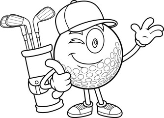 Outlined Smiling Golf Ball Cartoon Character Holding Golf Bag And Waving. Vector Hand Drawn Illustration Isolated On Transparent Background
