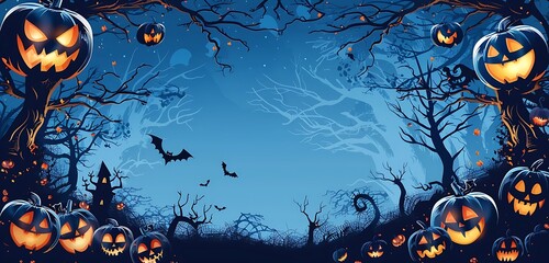 Haunting pumpkins, bats, and colorful ghosts create this spooky scene. The empty space in the middle adds to the isolated, eerie atmosphere.
