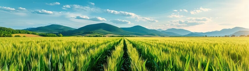 Fototapeta premium Vast green field with mountain backdrop under a bright blue sky, conveying tranquility and natural beauty