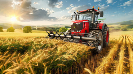 Fototapeta premium Red tractor harvesting wheat in golden fields under a sunny sky, evoking productivity and pastoral serenity