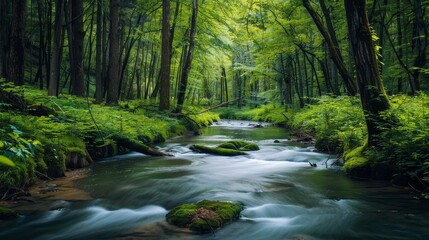 Obraz premium Serene Forest Stream - A tranquil stream flows through a lush forest, surrounded by vibrant greenery and sunlight filtering through the canopy. - A tranquil stream flows through a lush forest, surroun