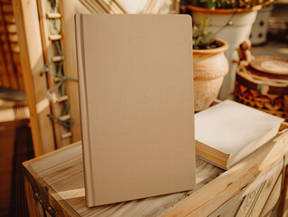 Empty taupe beige brown blank hardcover front cover book mockup template lux farmhouse modern POD notebook diary empty plain author personalized minimal boho chic planner  DIY craft writing branding