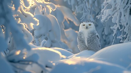 Fototapeta premium Snowy Owl in a Winter Wonderland - A snowy owl perched on a snow-covered branch in a winter forest. The owl's white plumage blends seamlessly with the snowy background. - A snowy owl perched on a snow
