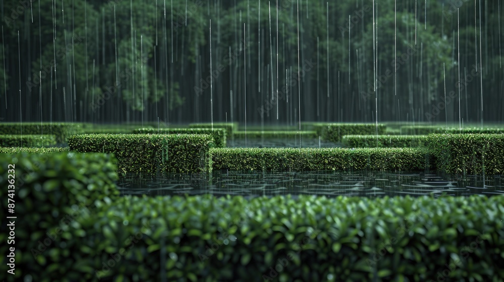 Poster an ai-crafted image of a rain-soaked garden with rectangular hedge patterns, where the falling rain 
