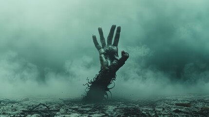 The Reaching Hand - A single hand emerges from the ground, reaching towards the gloomy sky. A chilling sight evokes fear and a sense of the unknown