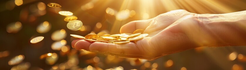 Golden coins being dropped from a hand with a vibrant rainbow in the background, capturing wealth and hope