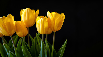 Obraz premium yellow tulips bouquet against dark background arranged asymmetrically reminding of the splendor of spring season vividness ai generative
