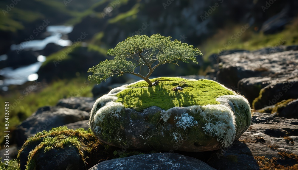 Poster tiny tree on mossy boulder.