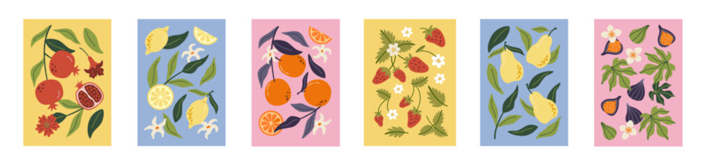 Collection of abstract prints contemporary art. Summer hand drawn fruits. Pomegranate, orange, pear, strawberry, lemon and fig. Modern design for posters, cards, prints.