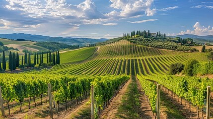 Vineyard Landscape in Tuscany - A scenic view of a vineyard in the Tuscan countryside, with rolling hills, green vines, and a farmhouse in the distance.