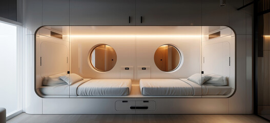 A white room with two beds and a window by AI generated image
