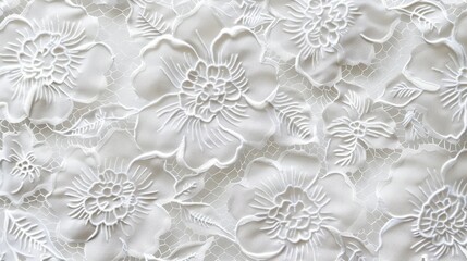 White Floral Lace Fabric - A close-up of white floral lace fabric, showcasing intricate details and a delicate pattern. The fabric is soft and airy, with a subtle shimmer.