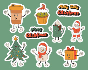 Merry Christmas holiday elements set. Cute collection of Christmas stickers in retro groovy style. Santa Clous, gift, Christmas tree, Christmas tree toy, candy cane, milk, cookie for Santa, snowman.