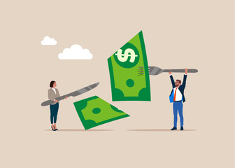 Business people hold fork knife eat cut dollar banknotes bills. Flat vector illustration