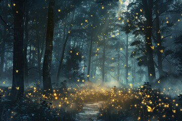 Magical nighttime forest scene illuminated by glowing fireflies amidst trees and foliage