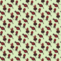 Seamless pattern with beetroot on light green background. Vegetable ornament. Simplification of form. Vector