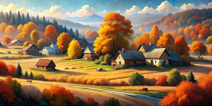 Autumn Village Landscape Painting with Golden Leaves and Houses